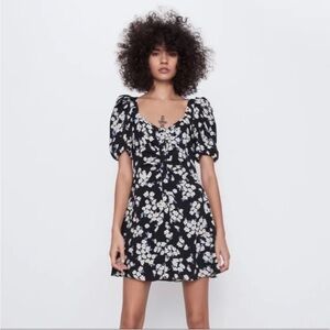Zara Monochrome Floral Puff Sleeve Mini Dress